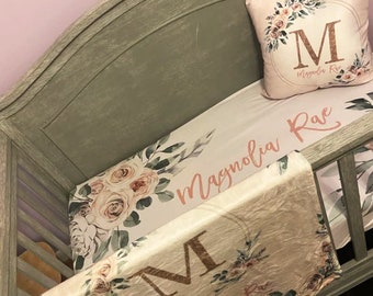 Roses Crib Bedding Girl, floral baby bedding, personalized crib bedding, boho vintage monogrammed baby blanket, personalized gift girl