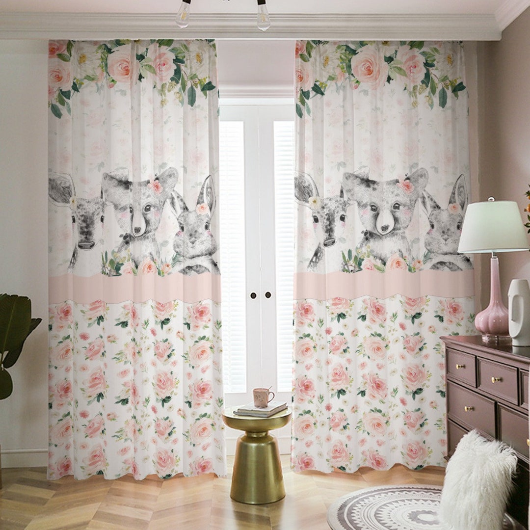 Woodland Girl Nursery Curtains, Forest Baby Room Curtains, Bear, Bunny