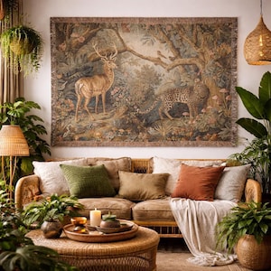 Jungle Animal Tapestry Wall Hanging, Vintage Forest Deer Leopard Art, Boho Nature Wall Decor, Cottagecore Room Aesthetic, Woven Blanket