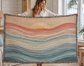 Tapiz de atardecer costero, tapiz de pared con olas del océano, decoración para casa de playa, manta costera bohemia, manta tejida, decoración náutica para el hogar