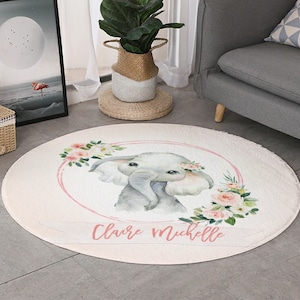 Runder Elefant Bereich Teppich, Babyzimmer Teppich, Elefant Rosa Blumen Kindergarten Teppich, runder Safari Teppich