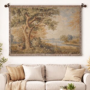 Vintage Landscape Tapestry Wall Hanging, Rustic Nature Scene Textile Art, Cottagecore Forest Tree Tapestry, Farmhouse Wall Decor