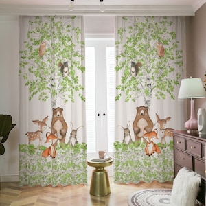 Woodland Nursery Curtains: Forest Animals Bear Fox Deer Bunny