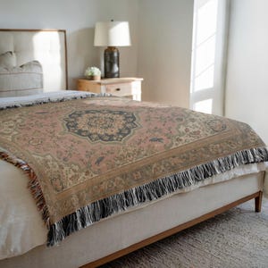 Vintage Floral Tapestry Wall Hanging, Large Boho Pink Rug Tapestry, Antique Medallion Textile Decor, Cottagecore Wall Art, Vintage Blanket image 4