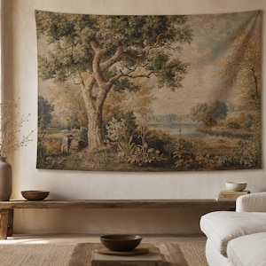 Vintage Landscape Linen Tapestry Wall Hanging, French Country Tree Scene, Large Cottagecore Wall Decor, Rustic Nature Art image 3