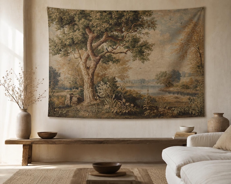 Vintage Landscape Linen Tapestry Wall Hanging, French Country Tree Scene, Large Cottagecore Wall Decor, Rustic Nature Art image 3