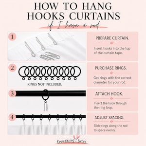 The image is a step-by-step guide on how to hang hooks and curtains, with a clear and organized layout.