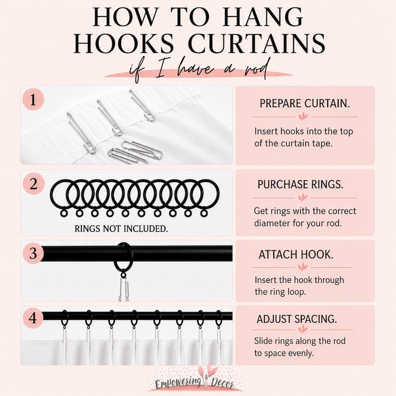 The image is a step-by-step guide on how to hang hooks and curtains, with a clear and organized layout.