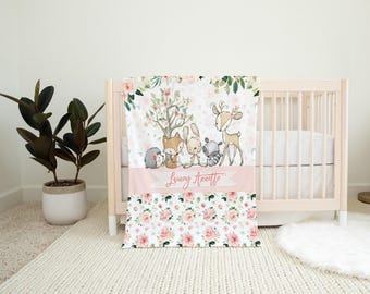 Personalized Baby Blanket: Deer, Forest Animals, Monogram Crib Bedding