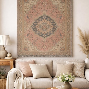 Vintage Floral Tapestry Wall Hanging, Large Boho Pink Rug Tapestry, Antique Medallion Textile Decor, Cottagecore Wall Art, Vintage Blanket image 5