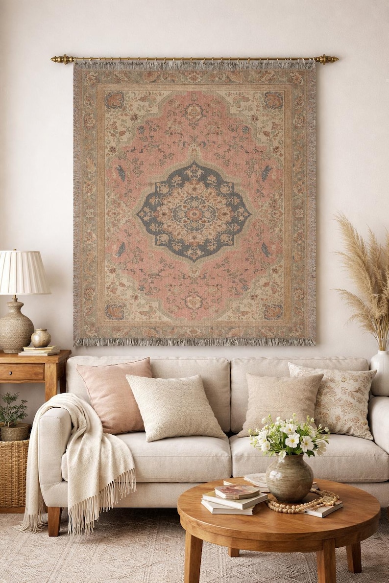 Vintage Floral Tapestry Wall Hanging, Large Boho Pink Rug Tapestry, Antique Medallion Textile Decor, Cottagecore Wall Art, Vintage Blanket image 5
