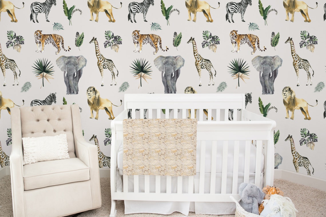 Jungle Wallpaper Nursery safari Animals Wallpaper Elephant | Etsy