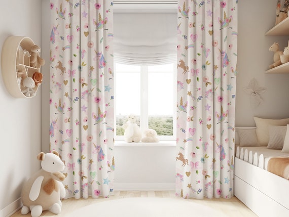 Cortinas infantiles de unicornios para niña, cortinas rosas y