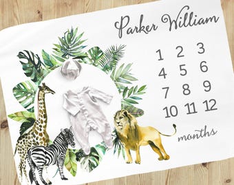 Personalized Safari Animals Baby Boy Milestone Blanket