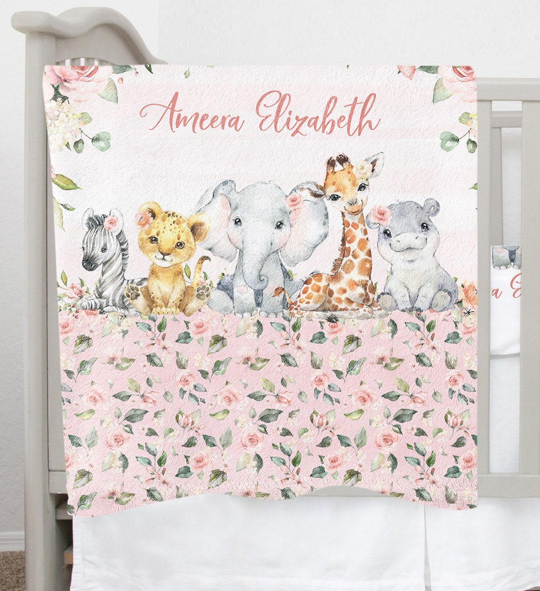 Safari Animals Baby Girl Blanket, Monogrammed Baby Blanket Girl, Floral