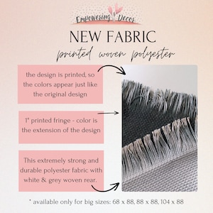 The image is an advertisement for a new fabric product. It features a close-up of the fabric with fringes and highlights the strength and durability of the material. The text describes the new fabric as printed, woven, and printed with a fringed texture, and it emphasizes that it is available only for big sizes.