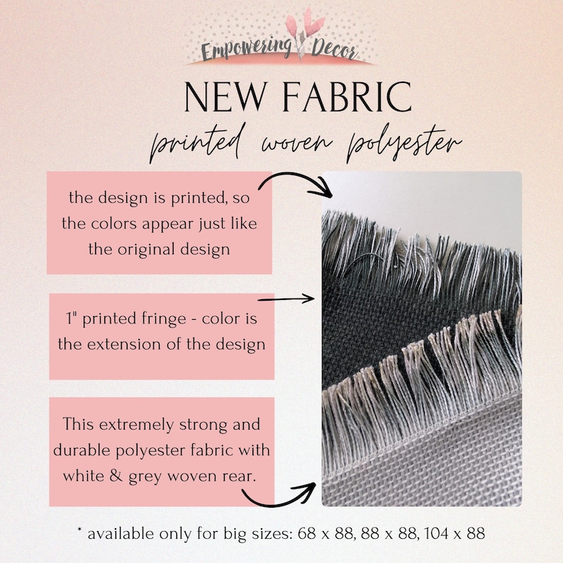 The image is an advertisement for a new fabric product. It features a close-up of the fabric with fringes and highlights the strength and durability of the material. The text describes the new fabric as printed, woven, and printed with a fringed texture, and it emphasizes that it is available only for big sizes.