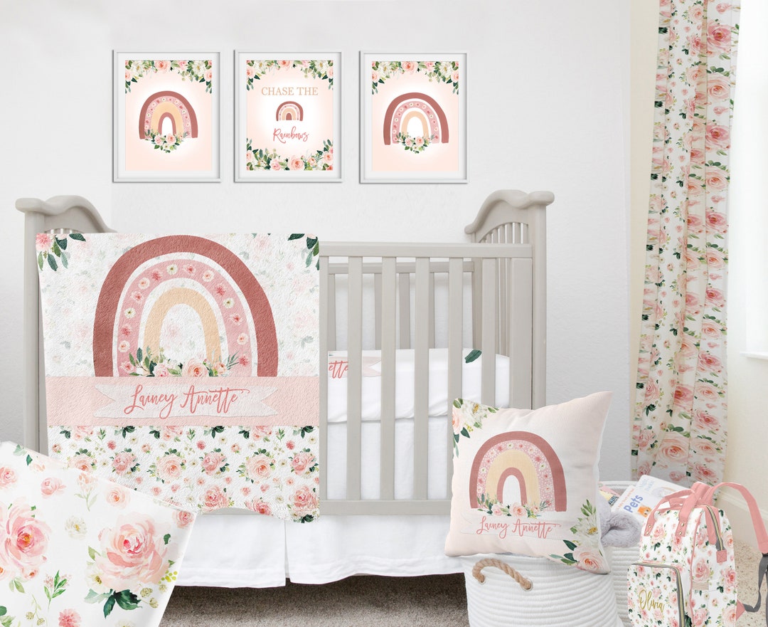 Rainbow Crib Bedding Set, Baby Girl Crib Bedding, Rainbow Personalized