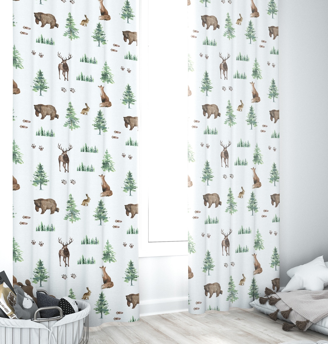 Woodland Nursery Curtains Baby Room Curtains Bear Fox Etsy