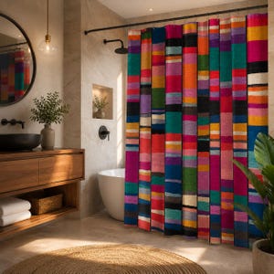 Colorful Boho Shower Curtain, Modern Abstract Stripe Shower Curtain, Vibrant Bathroom Decor, Artistic Polyester Bath Curtain