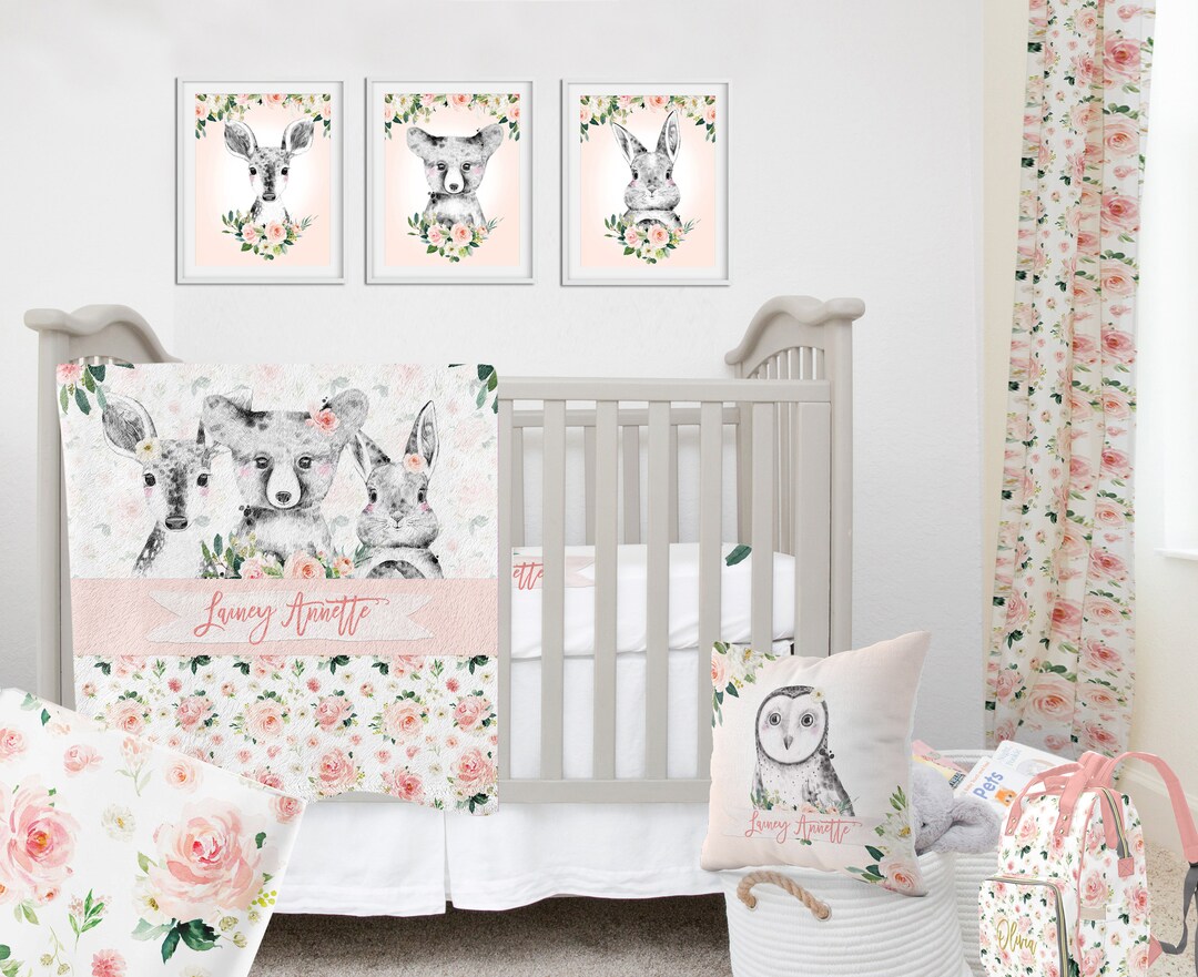 Woodland Crib Bedding Set Baby Girl Crib Bedding Bear Deer Bunny Personalized Baby Girl Bedding Deer Nursery Bedding Woodland Girl Set Etsy Canada