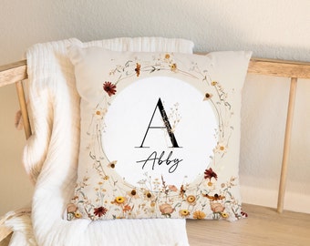 Pillow with name, Wildflowers Personalized Pillow, Initial Pillow, Linen Pillow, Decorative Pillow for Nursery, Personalized Gift Pillowcase