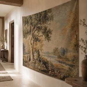 Vintage Landscape Linen Tapestry Wall Hanging, French Country Tree Scene, Large Cottagecore Wall Decor, Rustic Nature Art image 1
