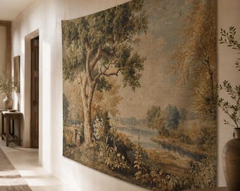 Tapiz de lino vintage con paisaje, escena campestre francesa con árboles, decoración de pared estilo cottagecore de gran tamaño, arte rústico de la naturaleza.