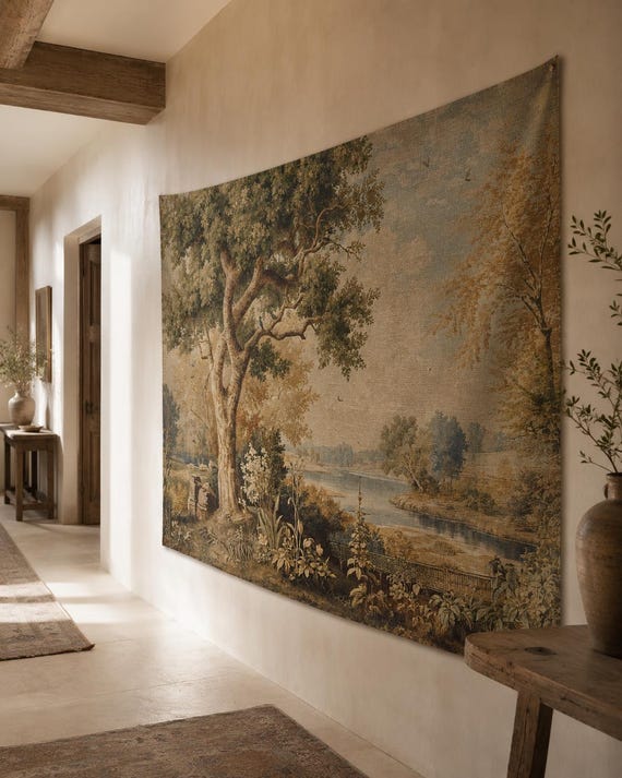 Vintage Landscape Linen Tapestry Wall Hanging, French Country Tree Scene, Large Cottagecore Wall Decor, Rustic Nature Art