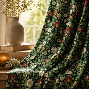 William Morris Style Floral Curtains, Botanical Blackout Curtains, Vintage Cottagecore Drapes, Dark Green Flower Window Panels, Moody Decor