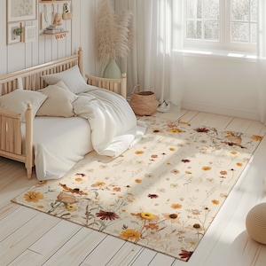 Rechteckiger Wildblumenteppich, Kinderzimmerteppich, beige Wildblumenteppich, Kinderzimmerteppich, Babyteppich