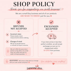 The image is a pink and white shop policy document with text and illustrations. It appears to be a business policy for a small Etsy shop, and it includes information about returns and exchanges.