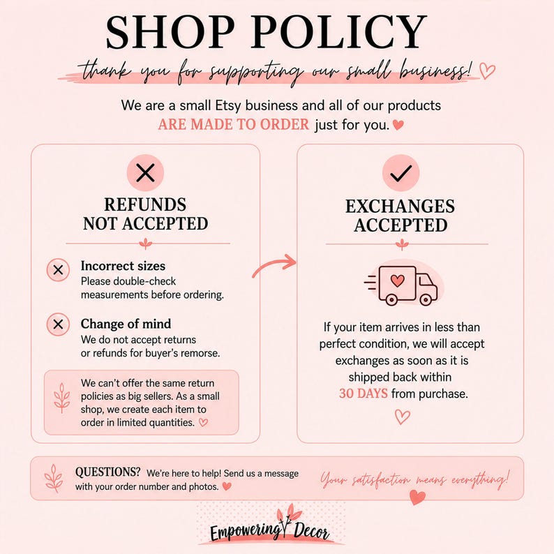 The image is a pink and white shop policy document with text and illustrations. It appears to be a business policy for a small Etsy shop, and it includes information about returns and exchanges.