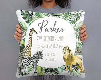 Safari Animals Birth Stats Pillow - Personalized Baby Boy Gift