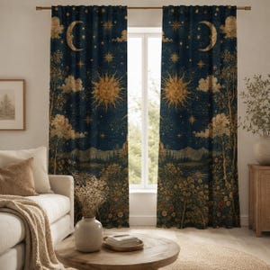 Celestial Sun Moon Curtains, Boho Night Sky Window Curtains, Navy Gold Gothic Celestial Drapes, Vintage Astrology Curtain Panels