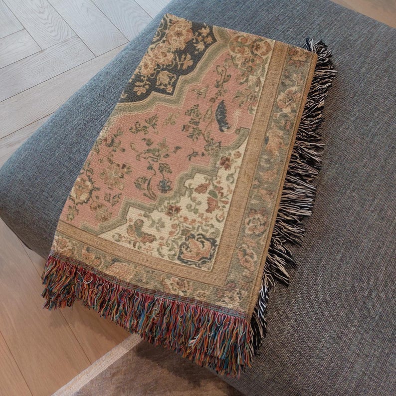 Vintage Floral Tapestry Wall Hanging, Large Boho Pink Rug Tapestry, Antique Medallion Textile Decor, Cottagecore Wall Art, Vintage Blanket image 3