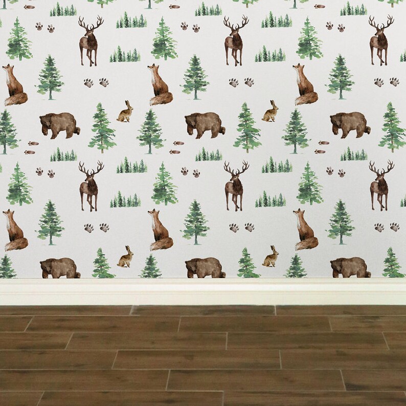 Woodland Nursery Wallpaper Forest Animals Wallpaper Bear Etsy