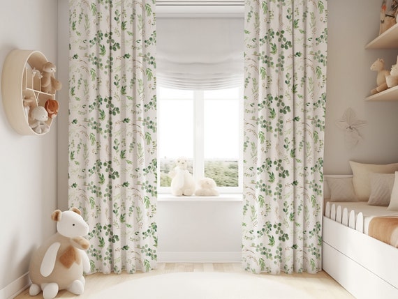 Neutral Curtains, Greenery Leaves Curtains, Gender Neutral Blackout Curtains,  Green Curtains, Curtain Panels, Neutral Nursery Curtains 
