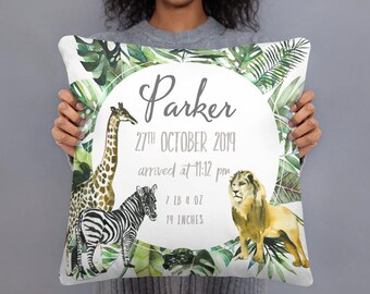 Safari Tiere Geburtsdaten Kissen - personalisiertes Baby Geschenk für Jungen