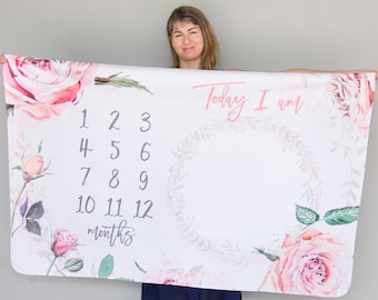 Milestone Blanket Girl Rose Weeks Months And Years - Baby Milestone Blanket - Personalized Baby Blanket - Floral Baby Milestone Blanket