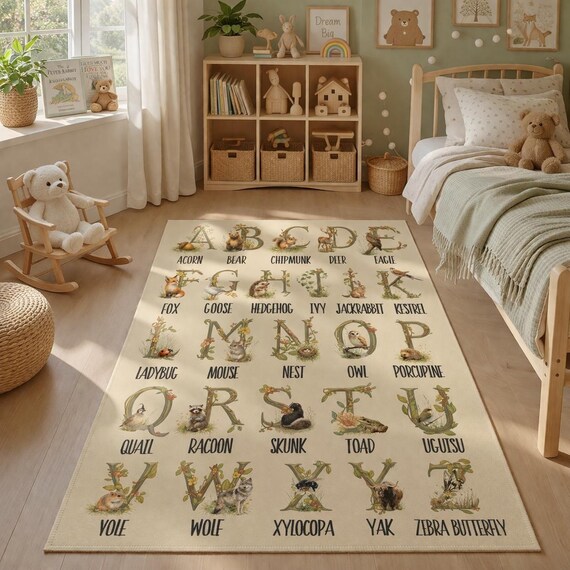 Alphabet Animal Rug for Kids Room, ABC Learning Play Mat, Woodland Nursery Decor, Educational Toddler Rug, Baby Room Floor Carpet