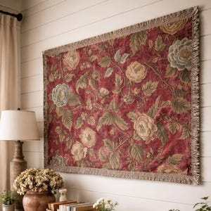 Vintage Ornate Floral Tapestry Throw, Luxury Burgundy Wall Hanging, Farmhouse Cottage Decor Blanket, Decorative Woven Throw