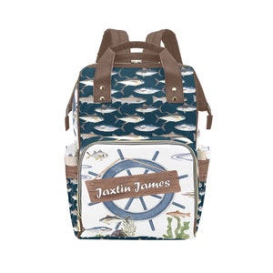 Angeln Windeltasche Junge, Marineblaue Babytasche, nautischer personalisierter Rucksack, Rucksack werdende Mama Geschenk, Unter Meer die individuelle Tasche Junge