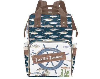 Fishing Diaper Bag Boy, Navy Blue Baby Bag, Nautical Personalized Backpack, BackPack Expecting Mom Gift, Under sea the Custom Bag Boy