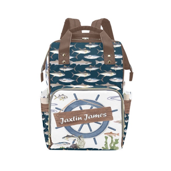 Fishing Diaper Bag Boy, Navy Blue Baby Bag, Nautical Personalized Backpack, BackPack Expecting Mom Gift, Under sea the Custom Bag Boy