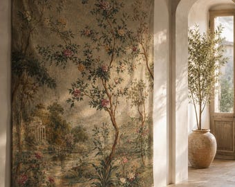 Tapiz botánico vintage grande de lino, tapiz de pared de estilo campestre francés, tapiz de paisaje floral con árboles, decoración de pared estilo cottagecore.
