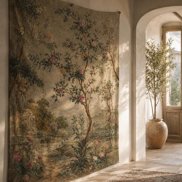 Large Vintage Botanical Linen Tapestry, French Country Wall Hanging, Floral Tree Landscape Tapestry, Cottagecore Wall Decor