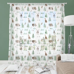 Woodland Nursery Sheer Curtains: Bear, Buck & Pine Tree Print