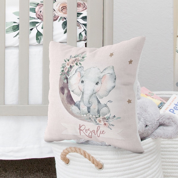 Elephant Pillow for Girl's Room, Personalized Elephant on the moon Pillowcase, Custom Gift for Girl with Elephant, Elephant and Moon decor