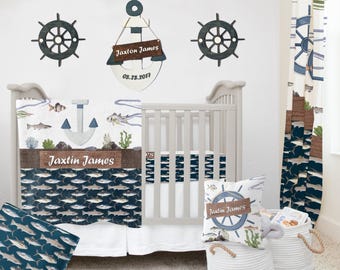 Personalized Fishing Crib Bedding Set: Nautical Baby Boy Nursery